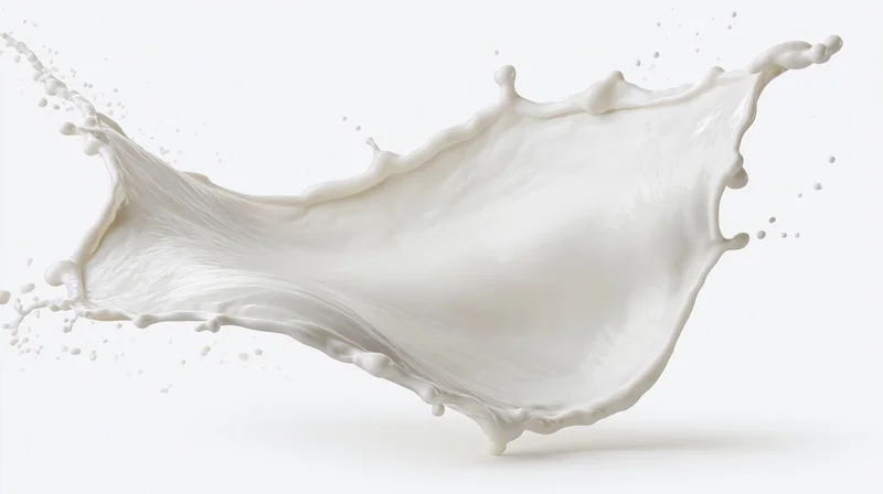Dynamic milk splash frozen mid-motion curving in a flowing arc against white background