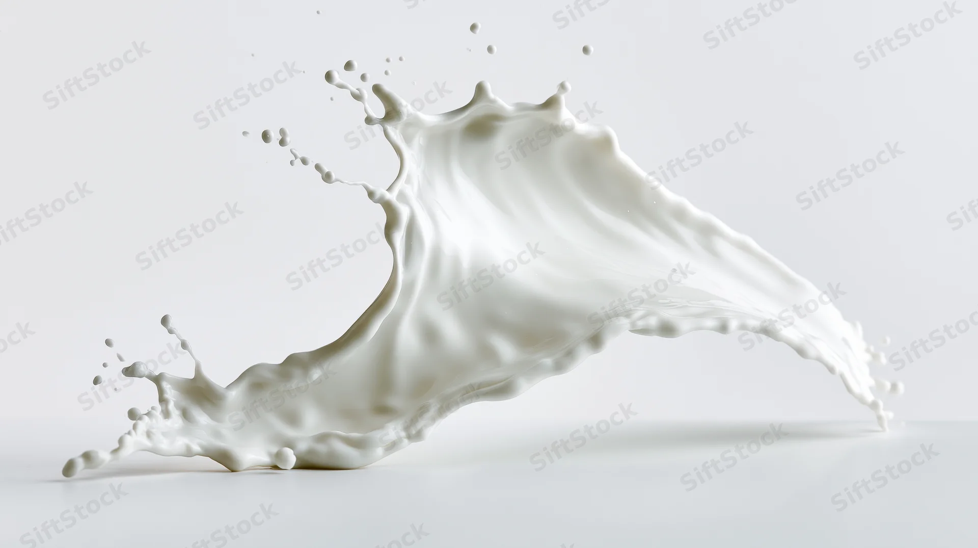 Dynamic milk splash frozen mid-motion twisting in smooth arc against white background