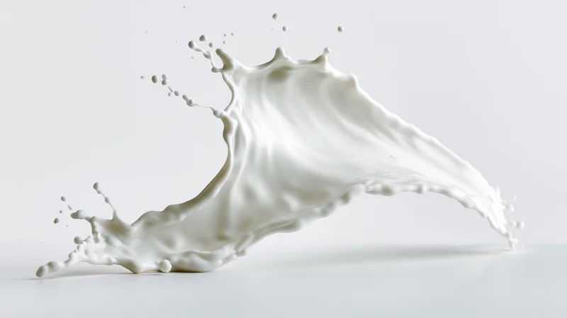 Dynamic milk splash frozen mid-motion twisting in smooth arc against white background