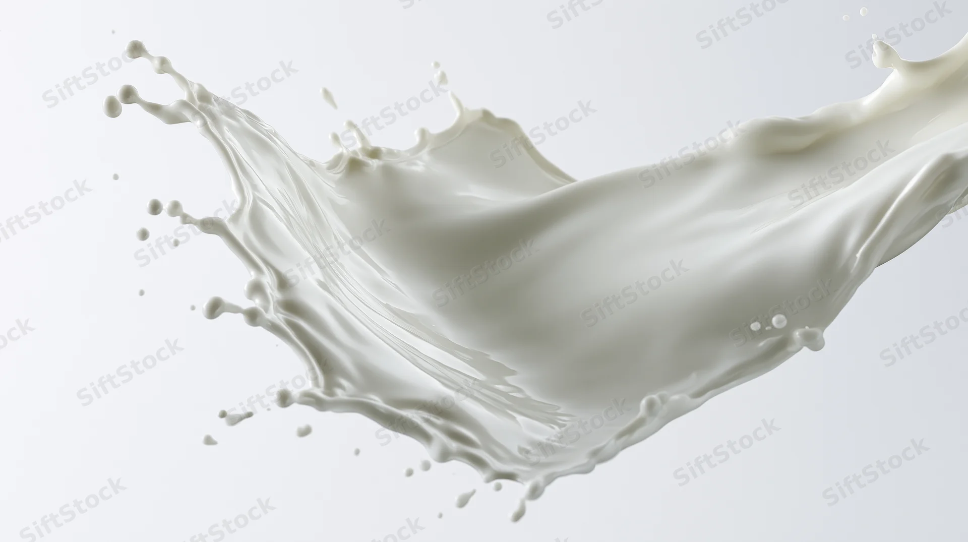 Dynamic milk splash frozen mid-motion twisting in a smooth arc against white background