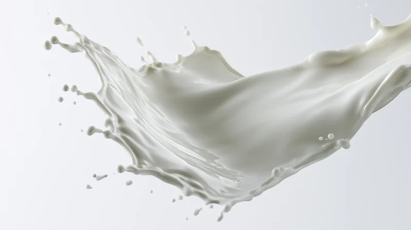 Dynamic milk splash frozen mid-motion twisting in a smooth arc against white background