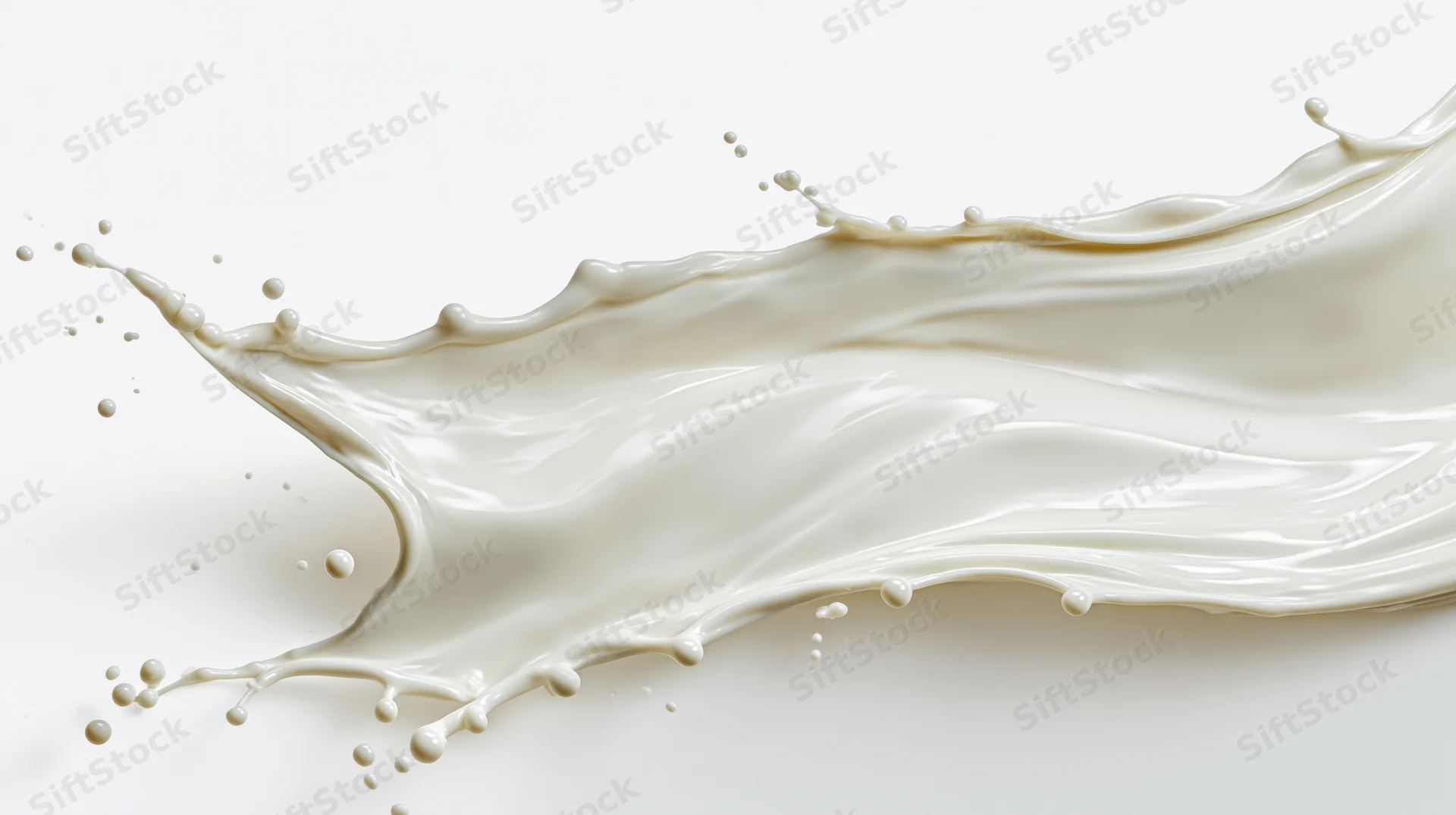 Flowing wave of milk mid-splash frozen in motion against white background