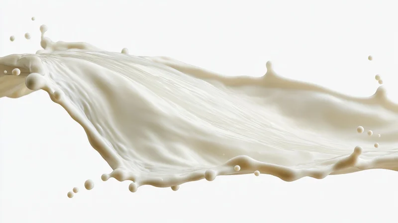 Flowing wave of milk mid-splash frozen in motion against white background