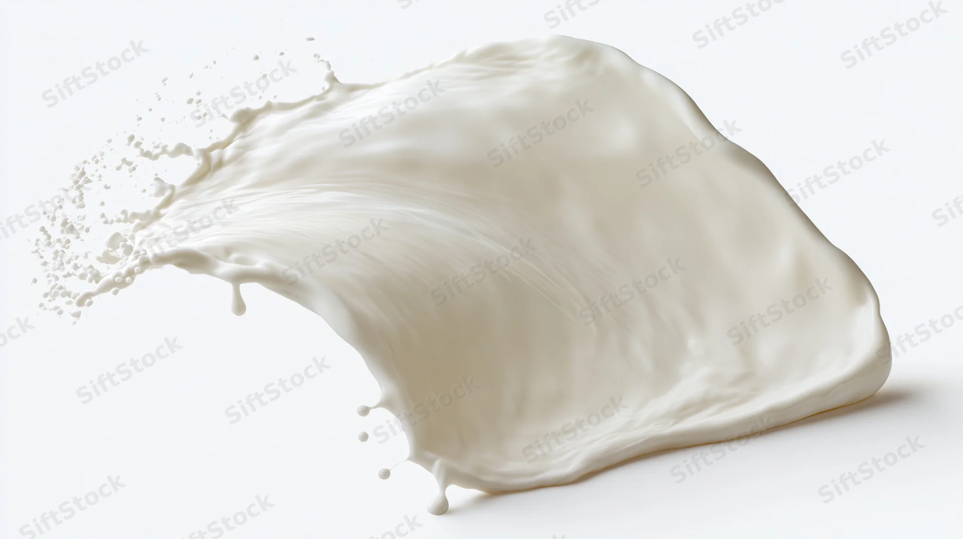 Flowing wave of white milk mid-splash curving in smooth s-shape on white background