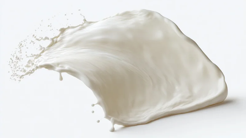 Flowing wave of white milk mid-splash curving in smooth s-shape on white background