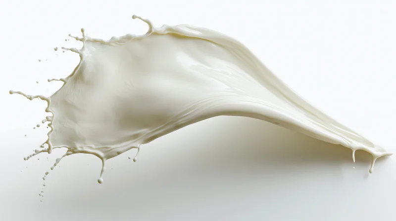 Flowing wave of white milk mid-splash curving in smooth s-shape against white background
