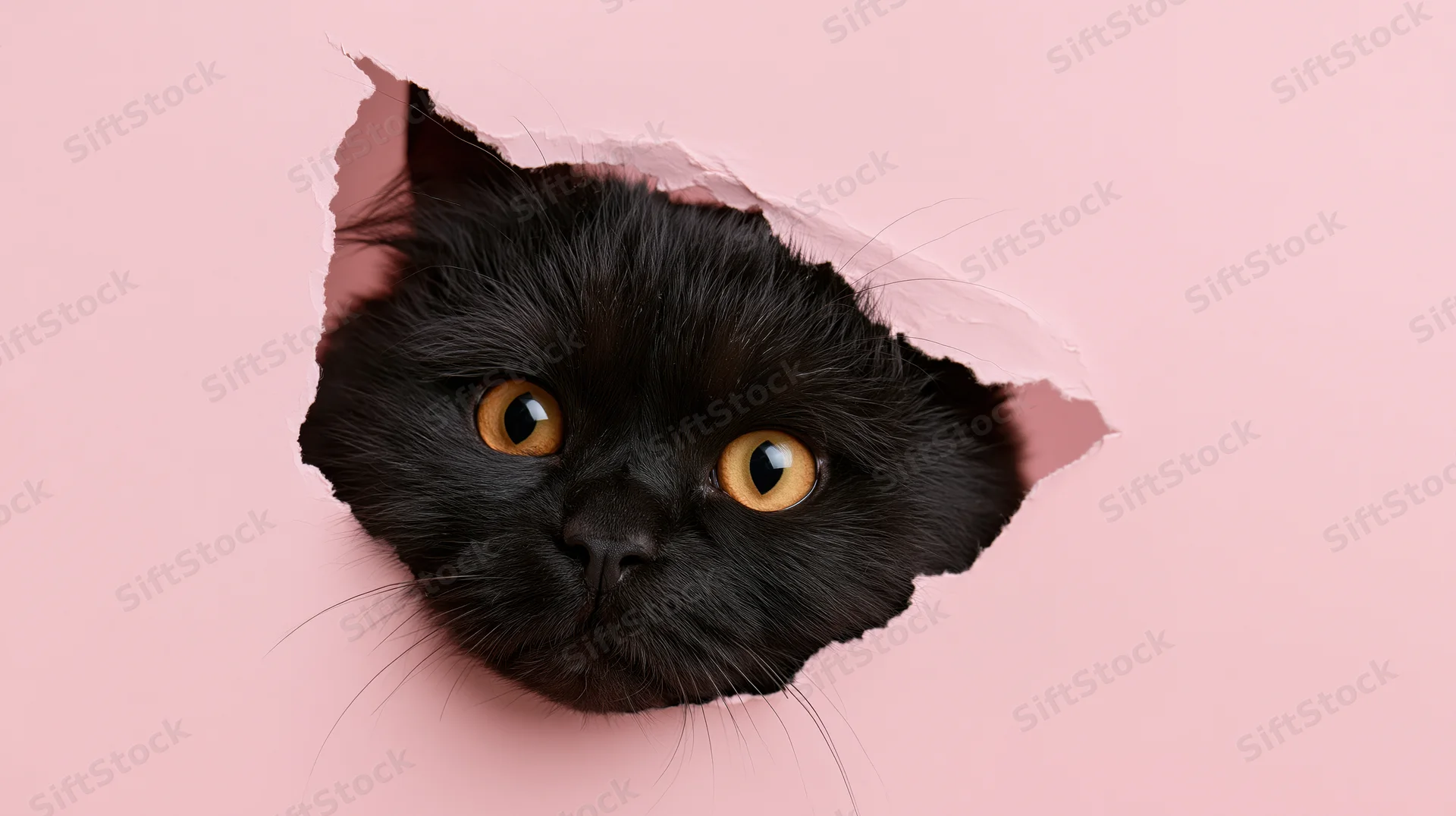 Black fluffy cat peeking through torn hole in pink paper background