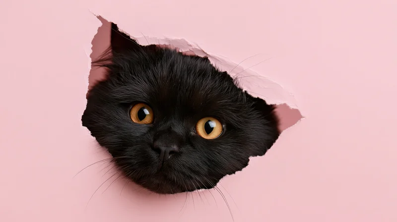 Black fluffy cat peeking through torn hole in pink paper background
