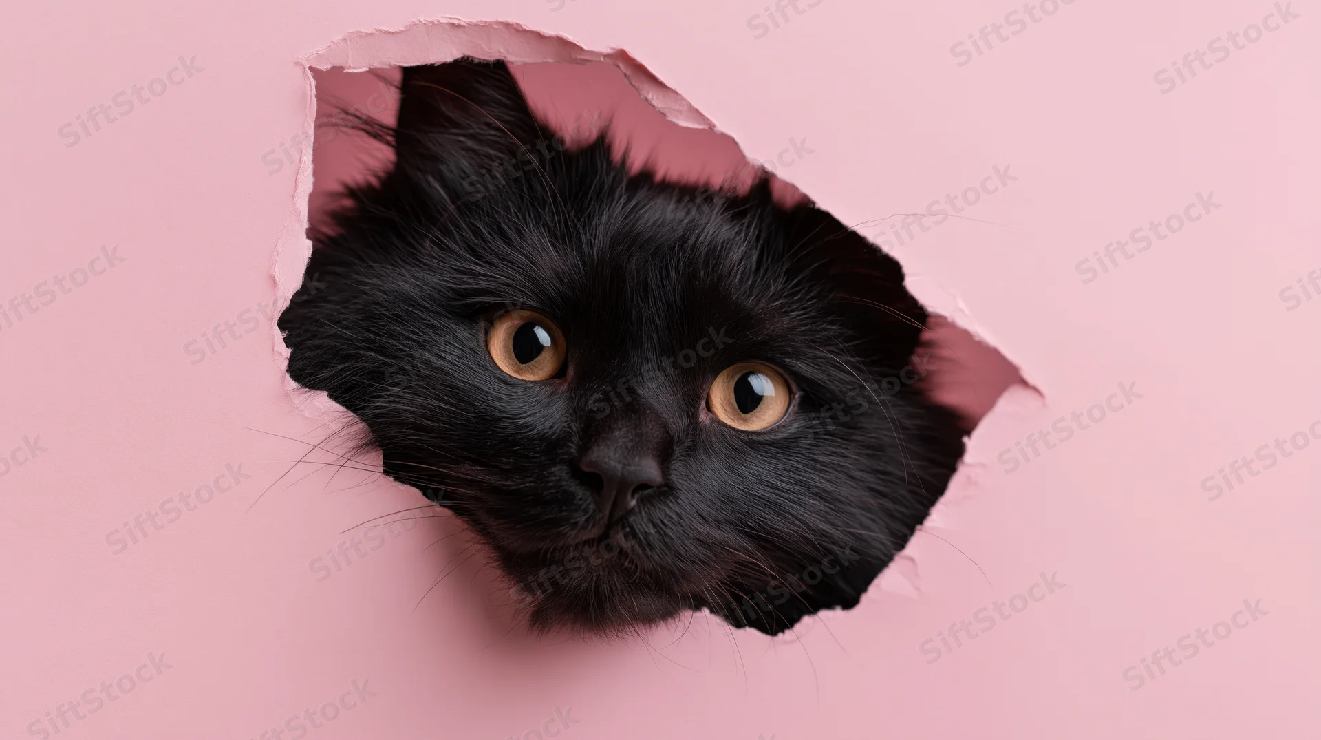 Black fluffy cat peeking through torn hole in pink paper background