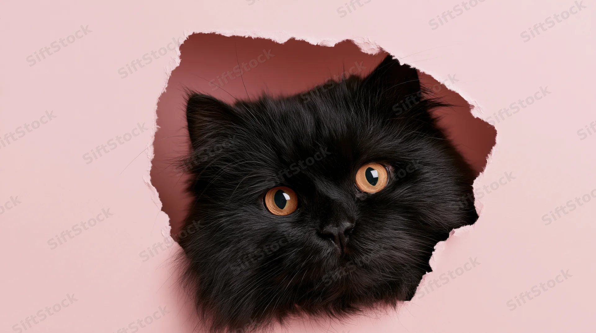 Fluffy black cat peeking through torn hole in pink paper