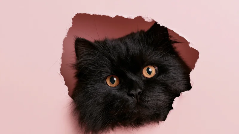 Fluffy black cat peeking through torn hole in pink paper