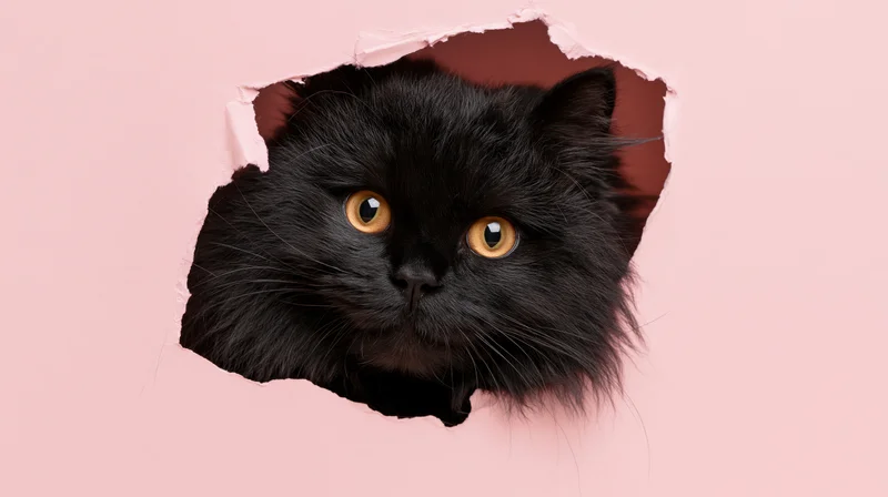 Fluffy black cat peeking through torn hole in pink paper