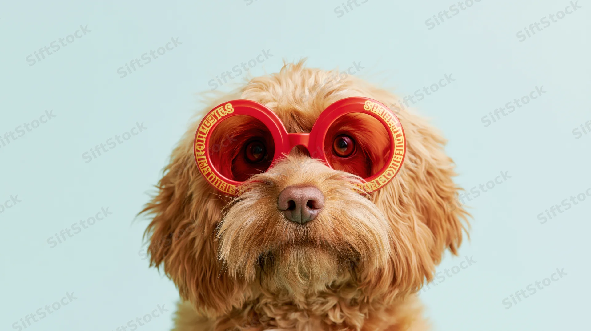 Fluffy golden cavapoo dog wearing oversized red novelty sunglasses in studio portrait with light blue background and copyspace