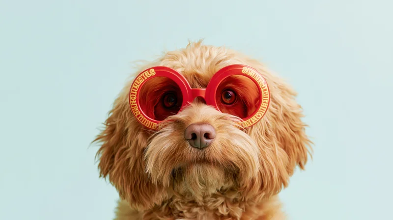 Fluffy golden cavapoo dog wearing oversized red novelty sunglasses in studio portrait with light blue background and copyspace