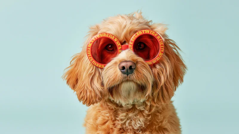 Fluffy golden cavapoo dog wearing oversized red novelty sunglasses against light blue background