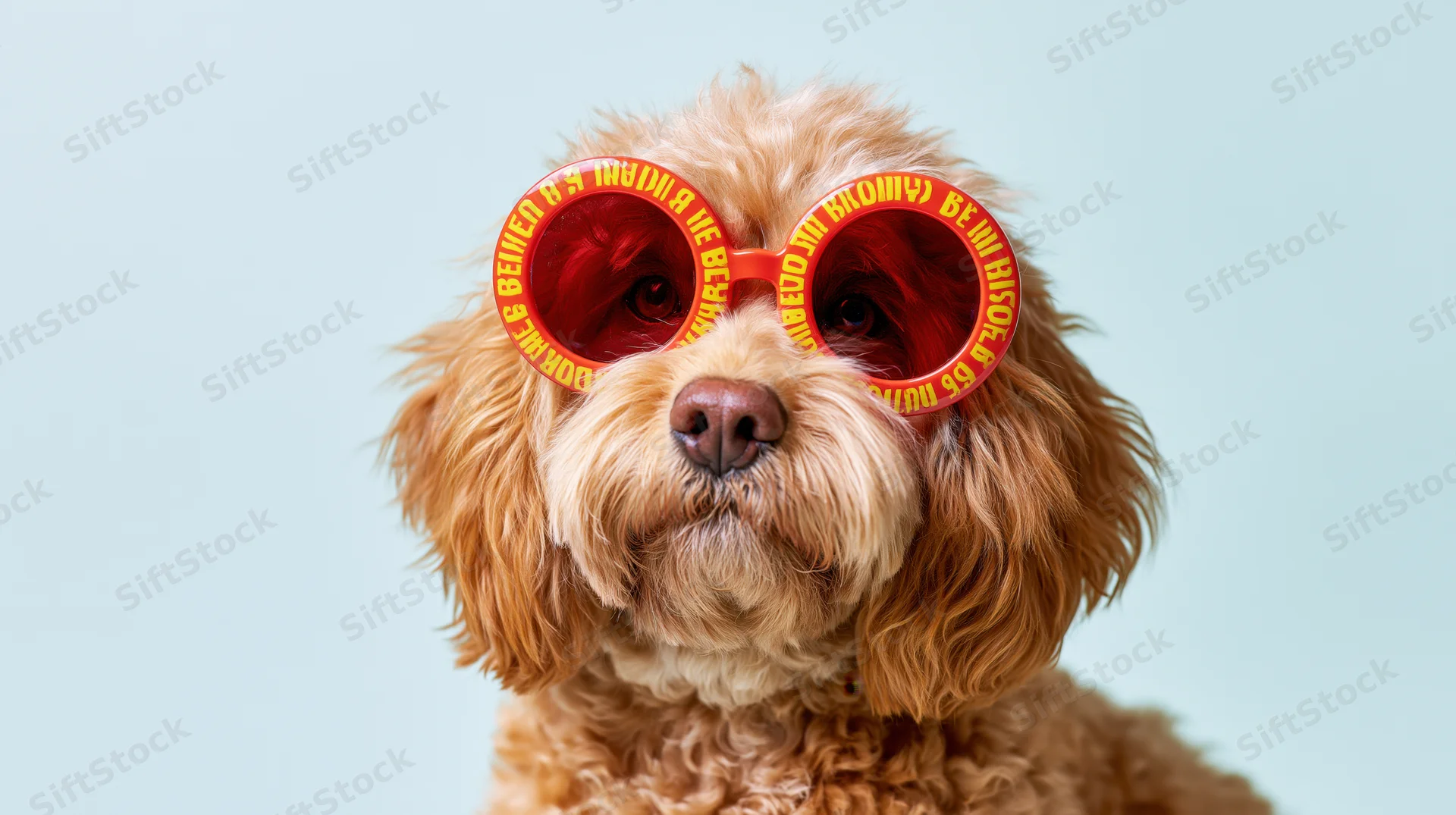 Fluffy golden cavapoo dog wearing oversized red novelty sunglasses in studio portrait with light blue background and copyspace