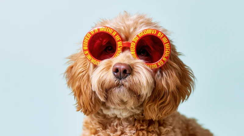 Fluffy golden cavapoo dog wearing oversized red novelty sunglasses in studio portrait with light blue background and copyspace