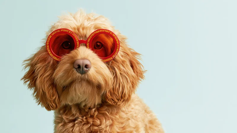 Fluffy golden cavapoo dog wearing oversized red novelty sunglasses in studio portrait
