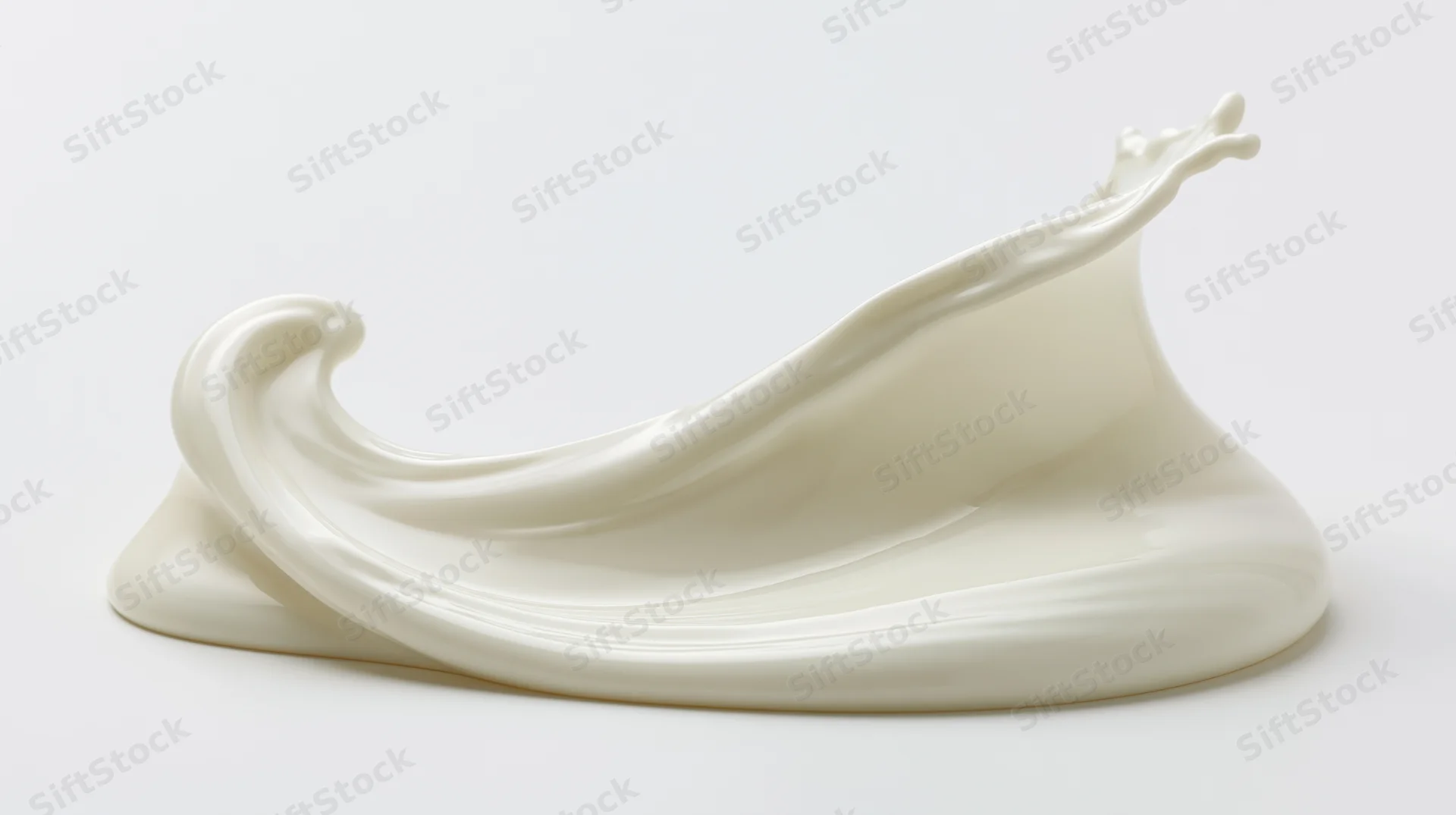 Fluid wave of white milk mid-splash curving in smooth s-shape on white background