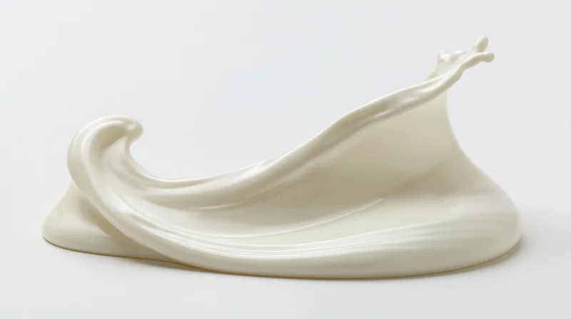 Fluid wave of white milk mid-splash curving in smooth s-shape on white background