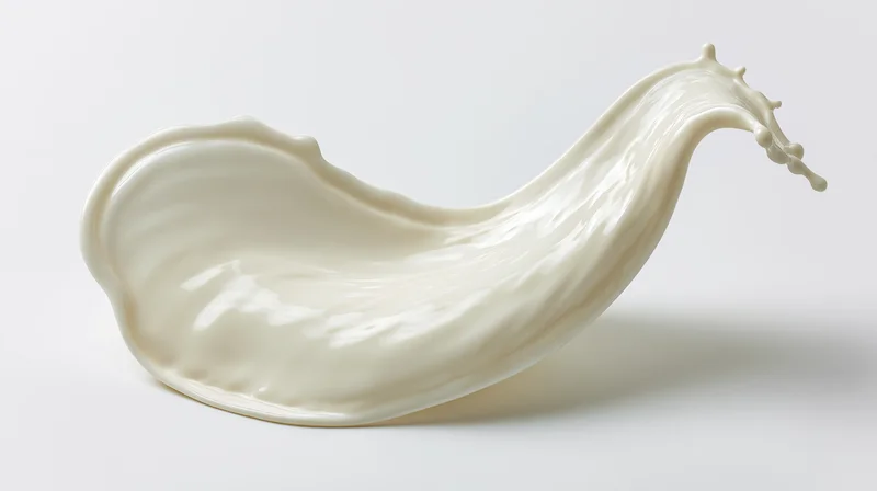 A dynamic splash of white milk curving in an s-shape against a plain background