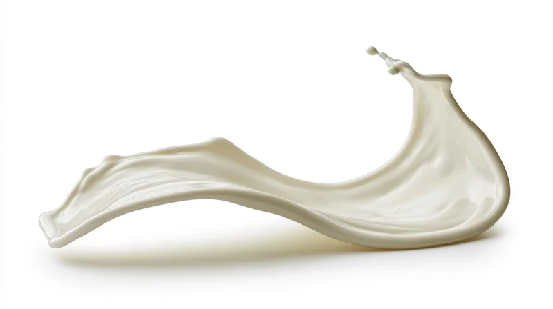 A flowing wave of white milk mid-splash curving in an s-shape against a white background
