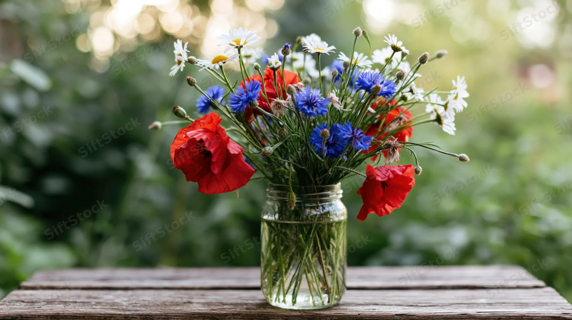 Wildflower bouquet in glass jar on wooden table outdoors