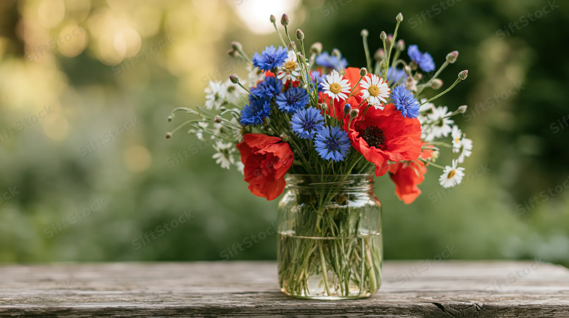 Wildflower bouquet in glass jar on wooden table outdoors