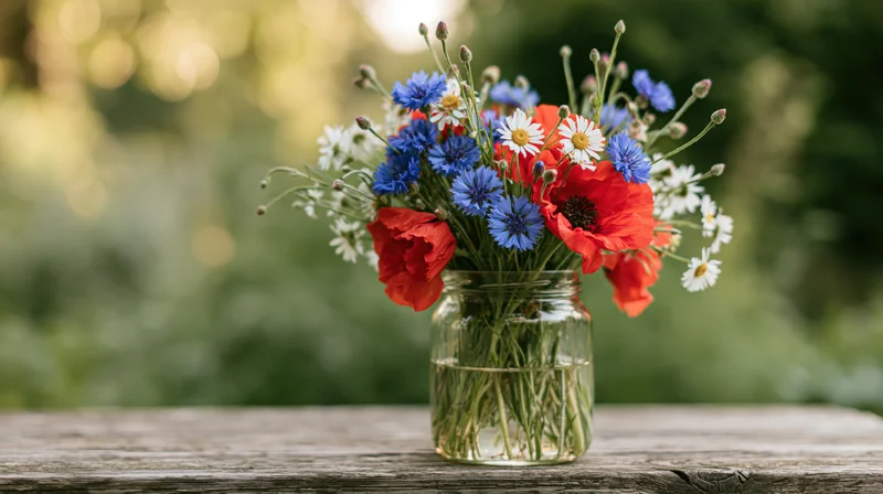 Wildflower bouquet in glass jar on wooden table outdoors