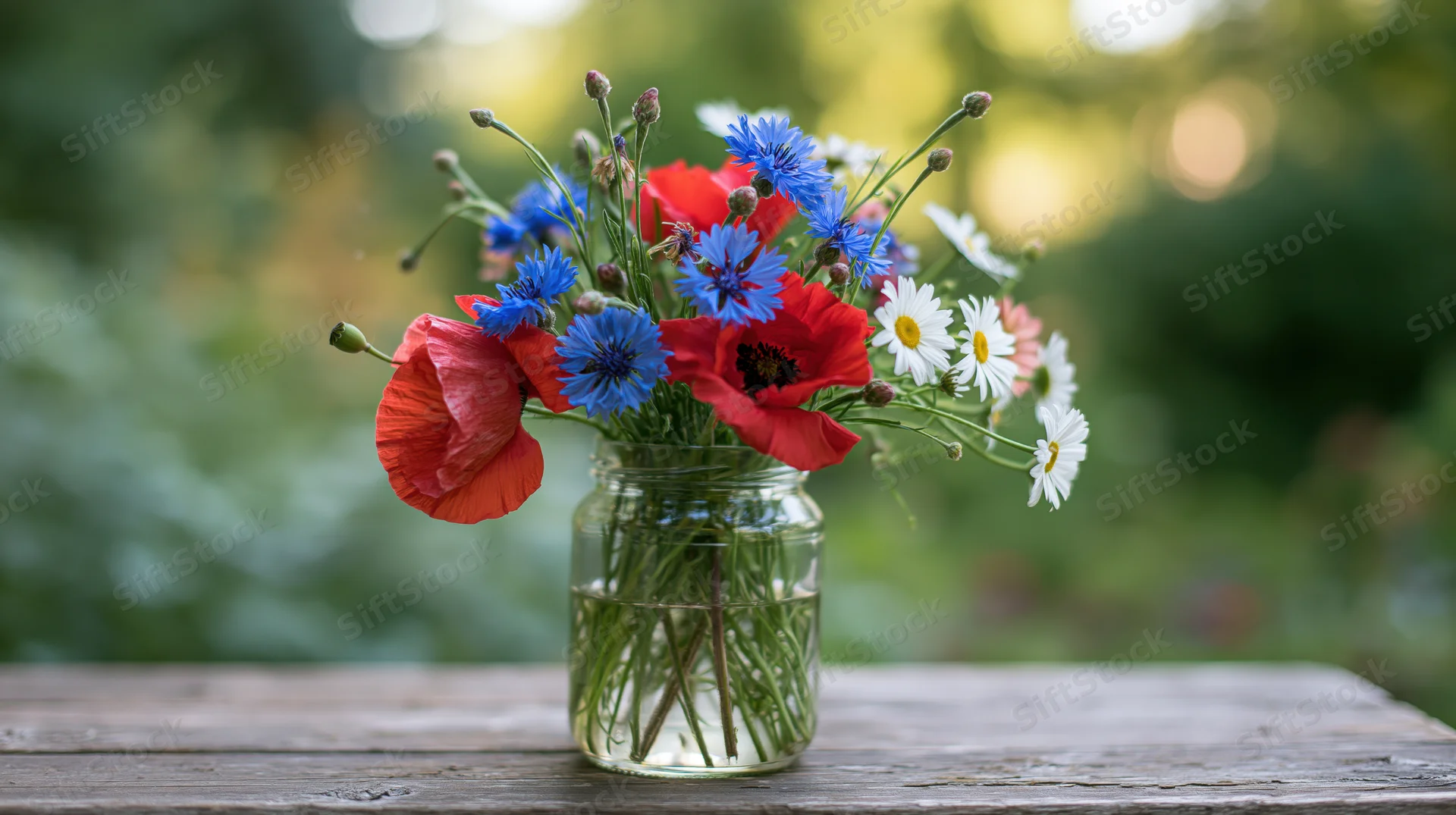 Wildflower bouquet in glass jar on wooden table outdoors