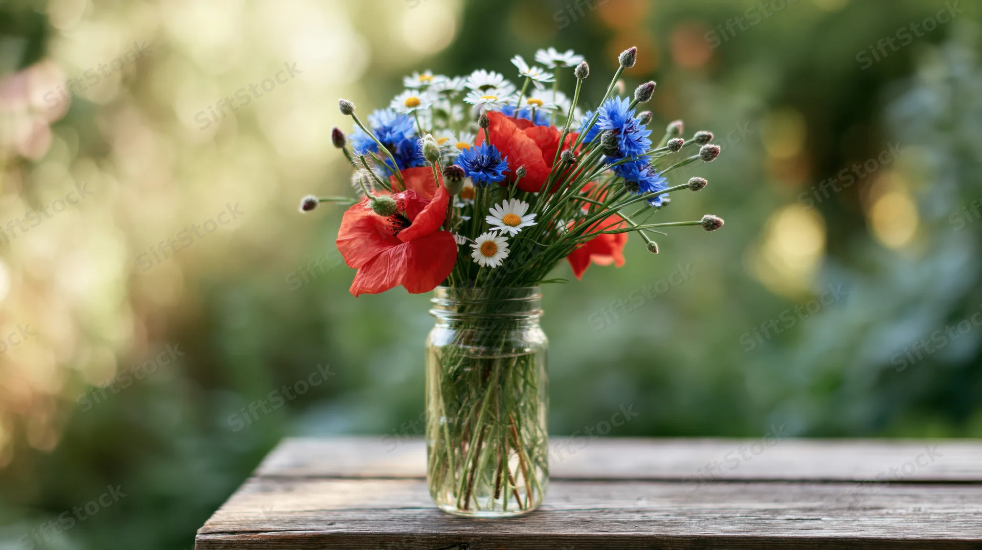Wildflower bouquet in glass jar on wooden table outdoors