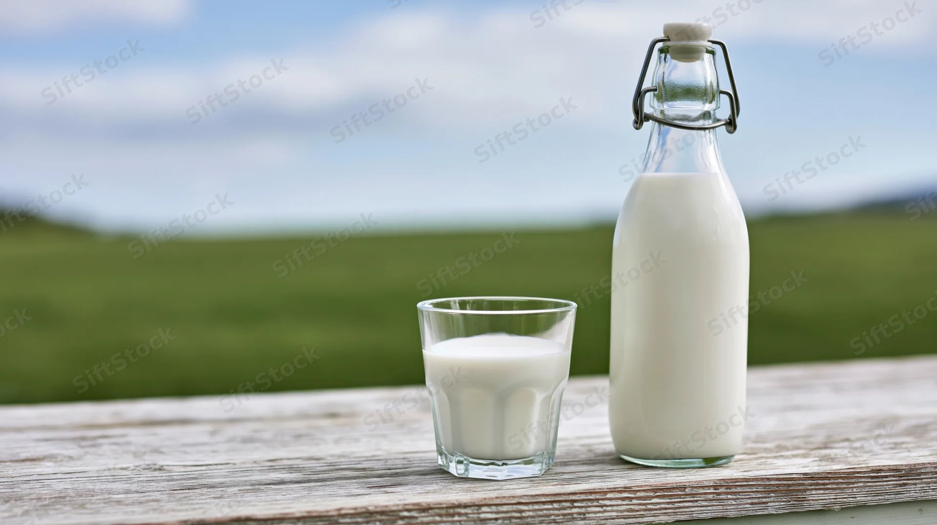 Glass bottle and tumbler of milk on wooden table overlooking green field