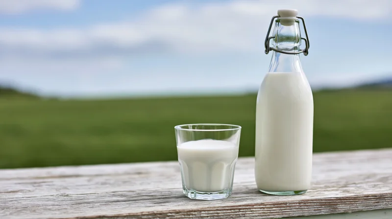 Glass bottle and tumbler of milk on wooden table overlooking green field