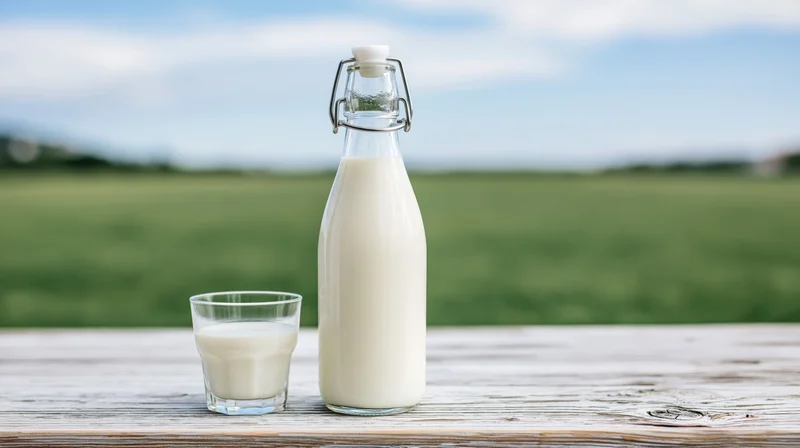 Glass bottle of milk and a small glass on a wooden table outdoors with green field and blue sky in background
