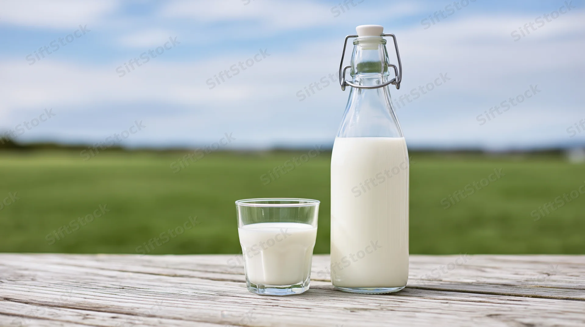 Glass swing-top bottle and small glass of milk on wooden table outdoors with green field and blue sky in background