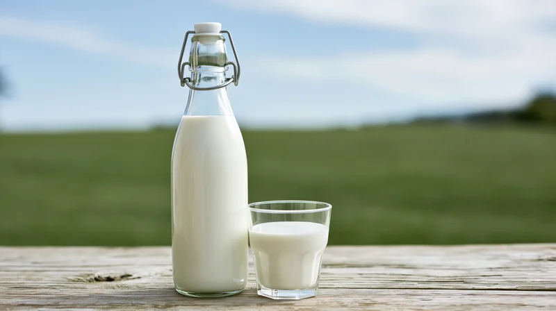 Glass bottle of milk and a small glass on a wooden table outdoors with green field in background