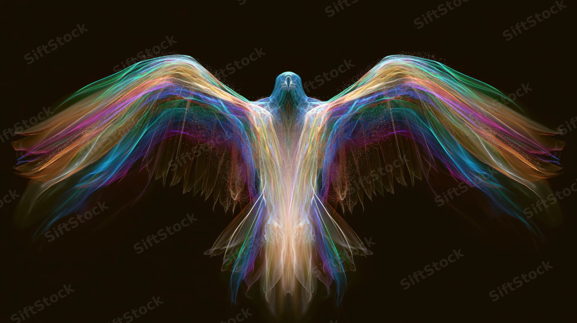 Glowing translucent eagle with wings spread against dark background