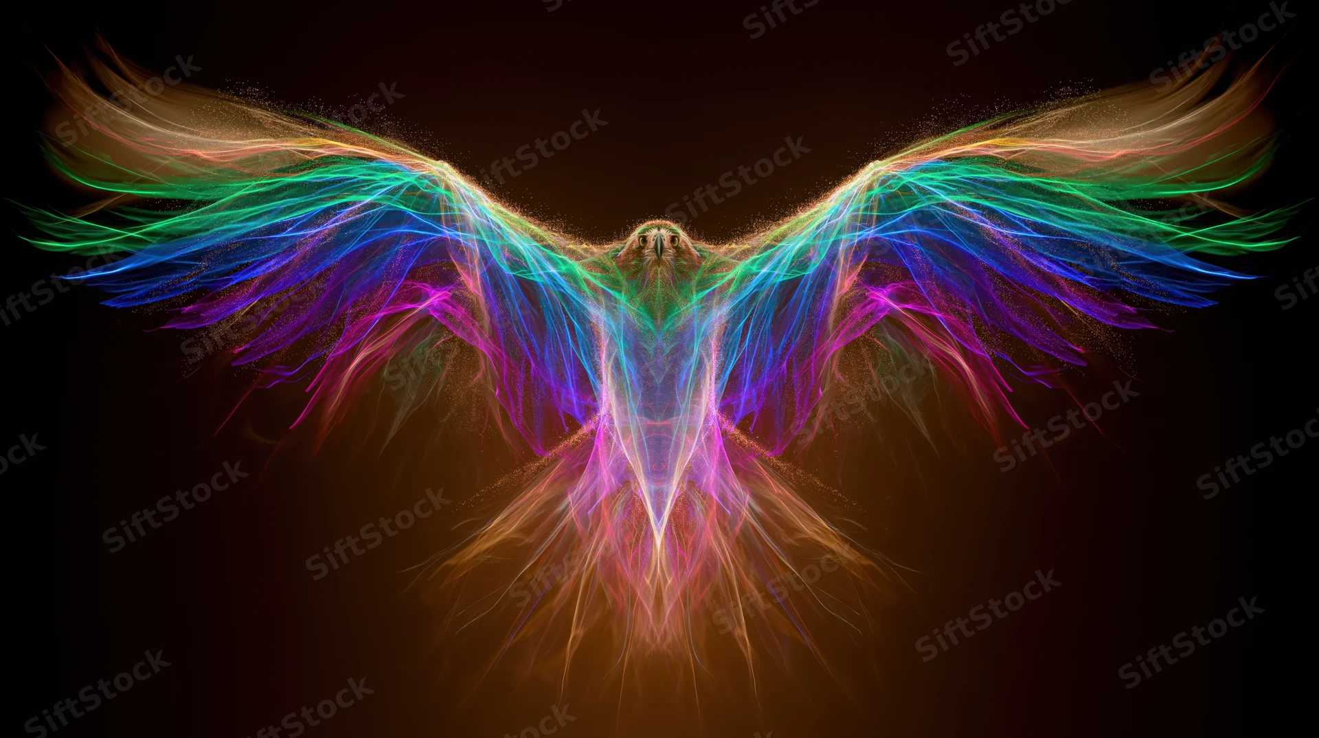 Glowing eagle with wings spread in abstract digital art style against dark background