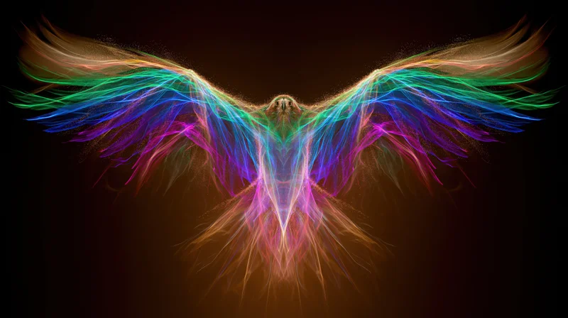 Glowing eagle with wings spread in abstract digital art style against dark background