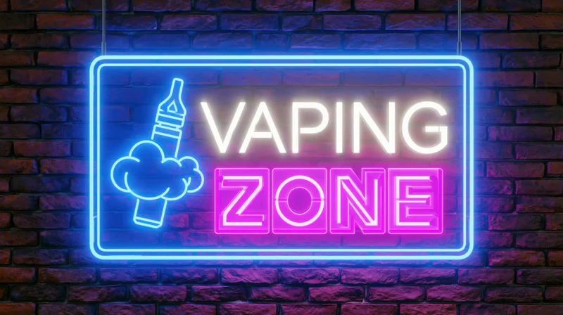 Neon sign reading vaping zone mounted on dark brick wall