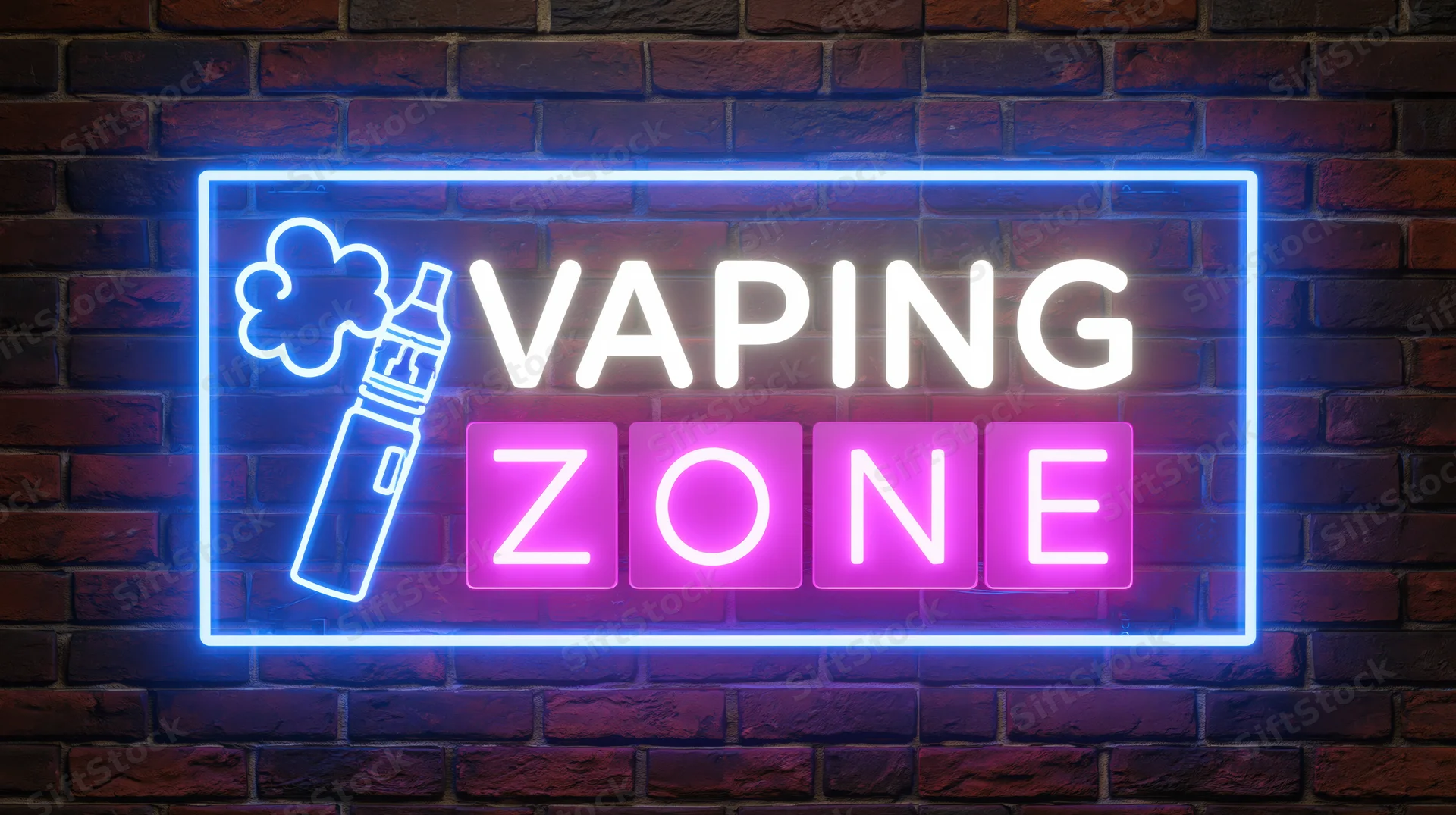 Neon sign reading vaping zone mounted on a dark brick wall