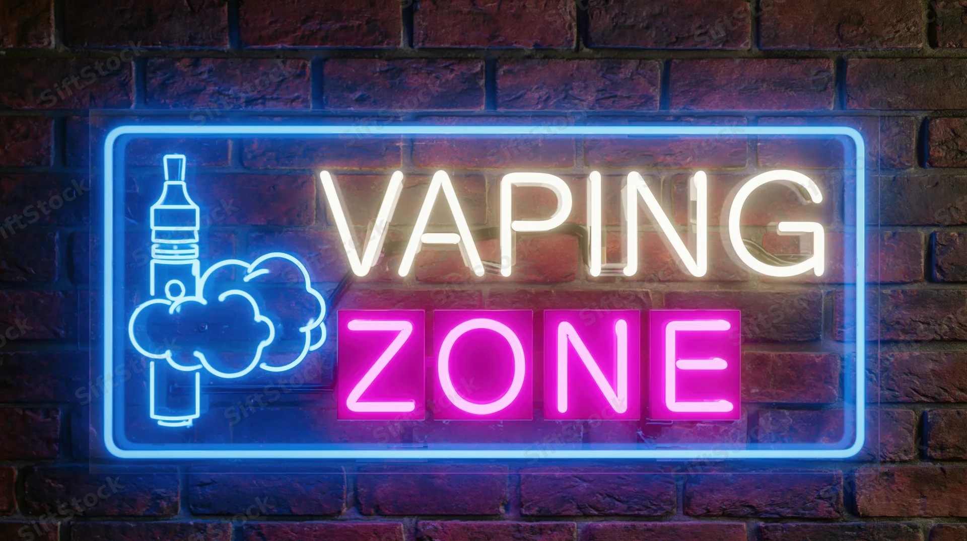 Neon sign reading vaping zone mounted on a dark brick wall