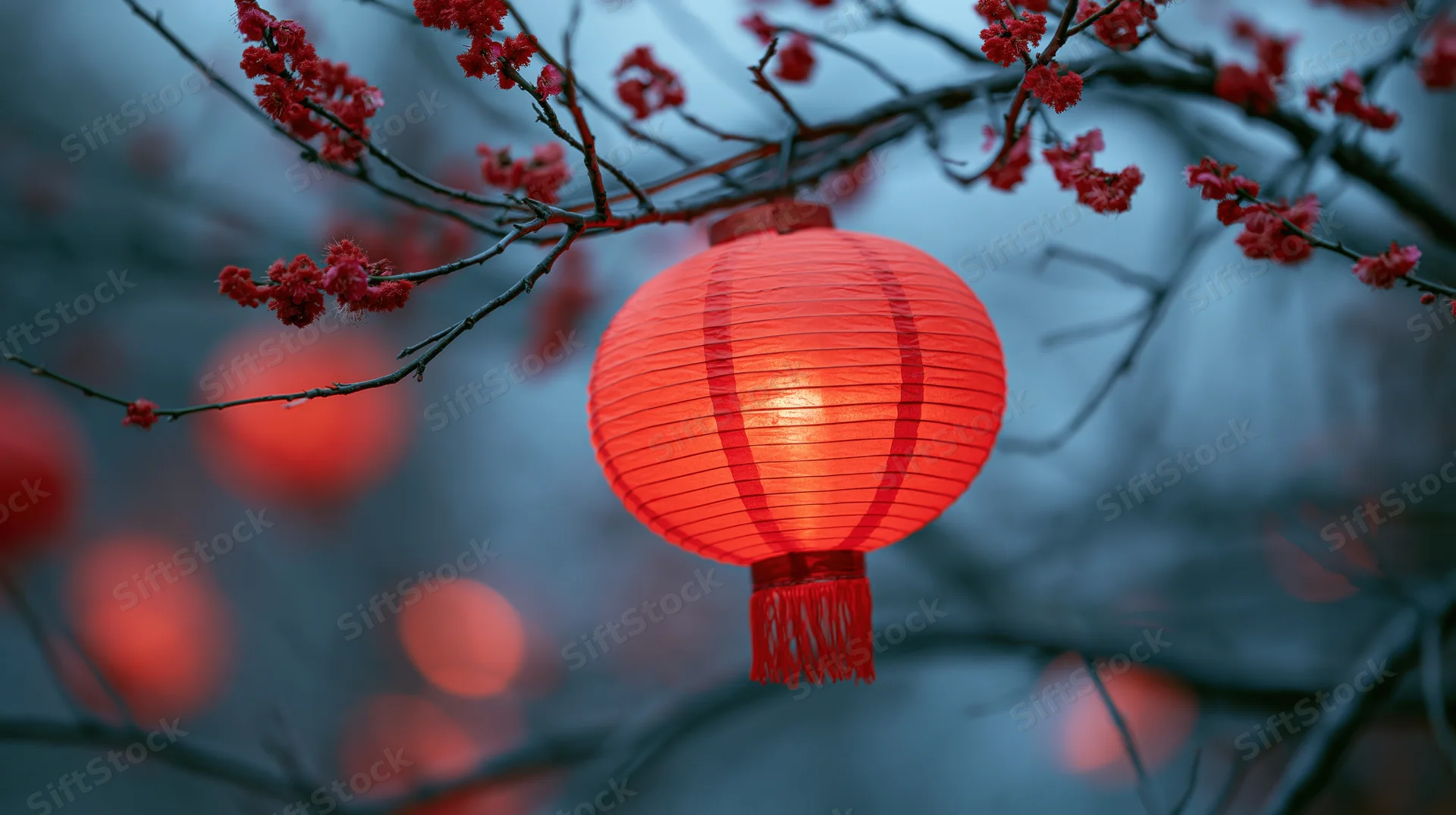 Glowing red chinese paper lantern hanging among bare branches with cherry blossoms in twilight