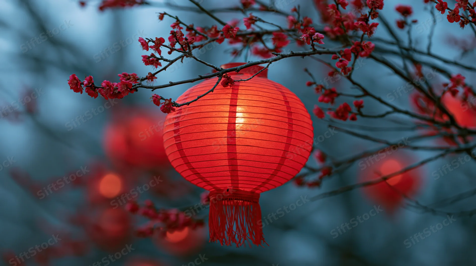 Glowing red chinese paper lantern hanging among blossoming plum branches in twilight