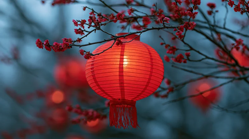 Glowing red chinese paper lantern hanging among blossoming plum branches in twilight