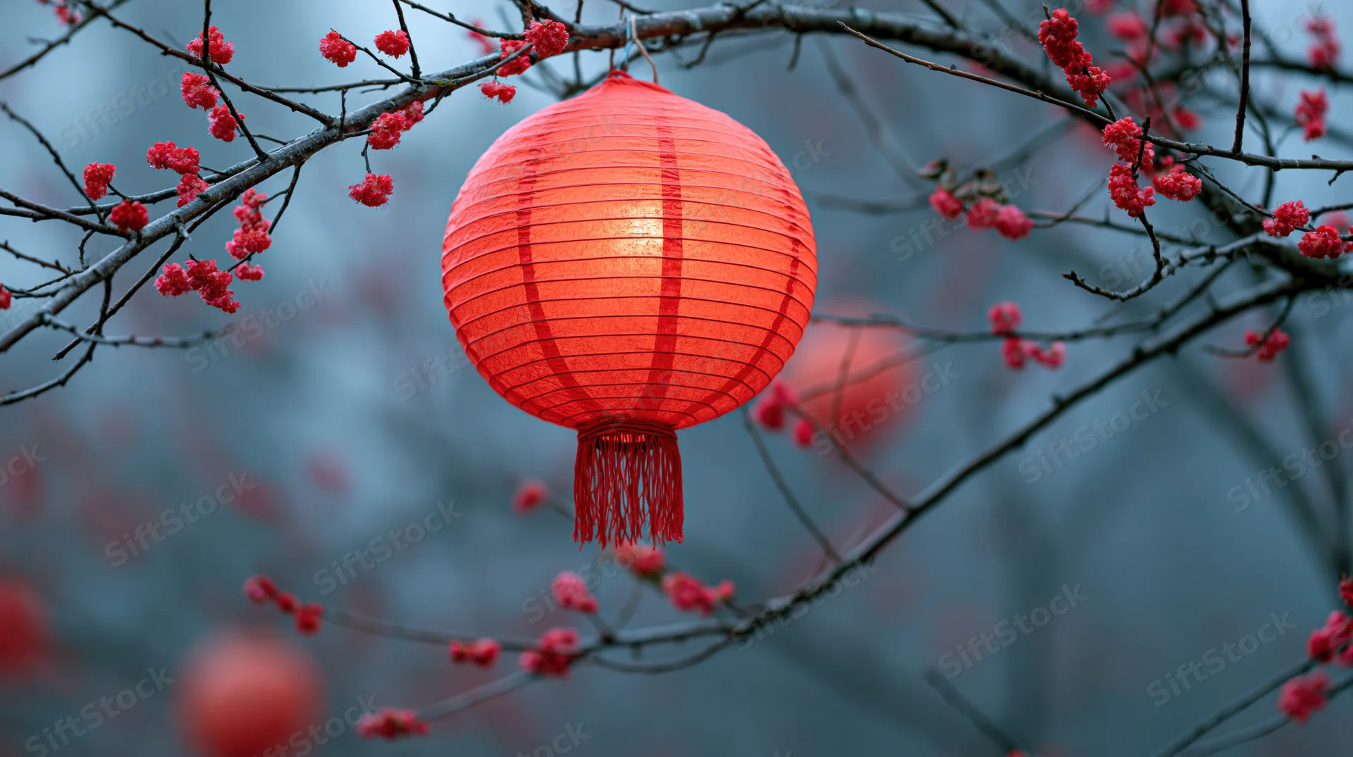 Glowing red chinese paper lantern hanging among blossoming tree branches in twilight