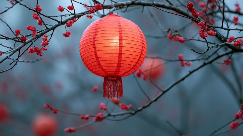 Glowing red chinese paper lantern hanging among blossoming tree branches in twilight