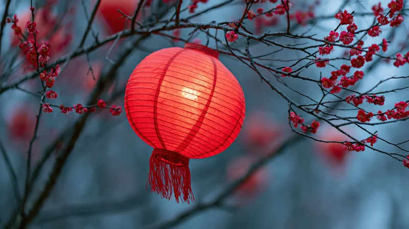 Glowing red chinese paper lantern hanging among bare branches with plum blossoms in twilight