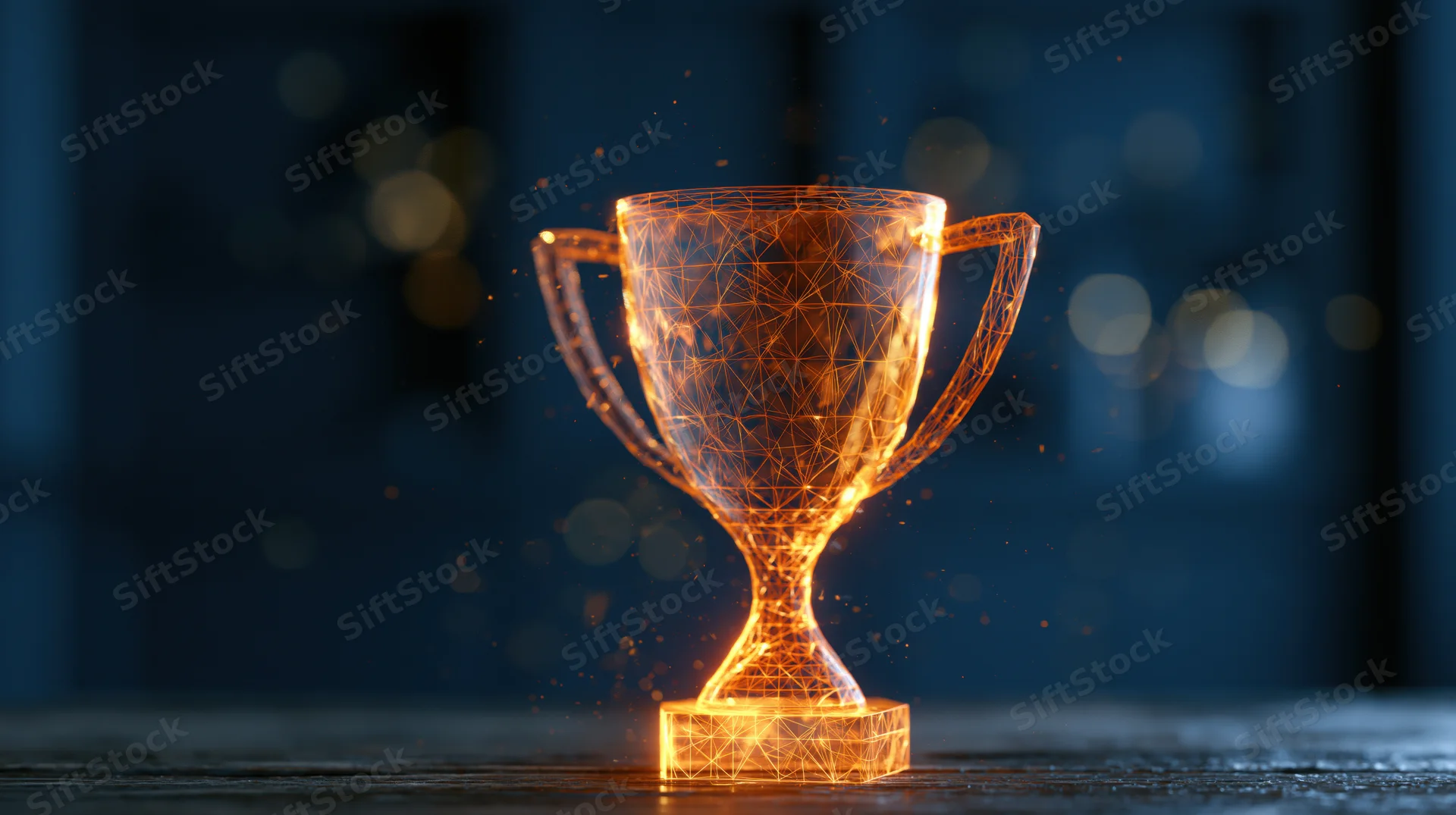 Glowing wireframe trophy on dark wooden surface