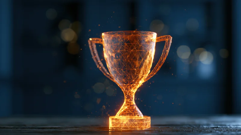 Glowing wireframe trophy on dark wooden surface
